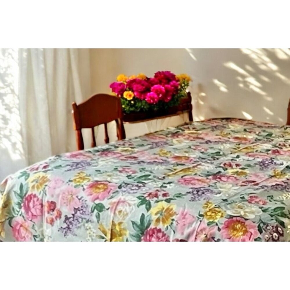 Waterford Floral Cotton Sateen Tablecloth 97" X 58.5" Multicolor on Green Cotton - Picture 1 of 15